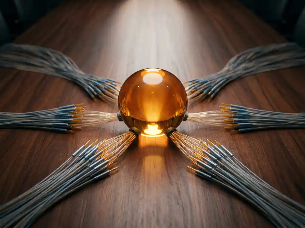 Glowing amber crystal orb on a dark conference table with fiber-optic cables converging from all directions under a soft spotlight.