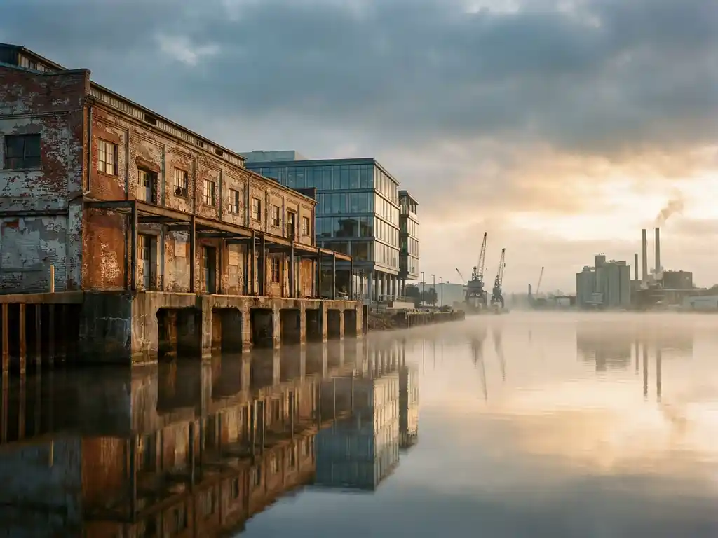 Weathered brick warehouse beside a modern glass-and-steel lakeside building, reflections merging in calm water at golden hour.