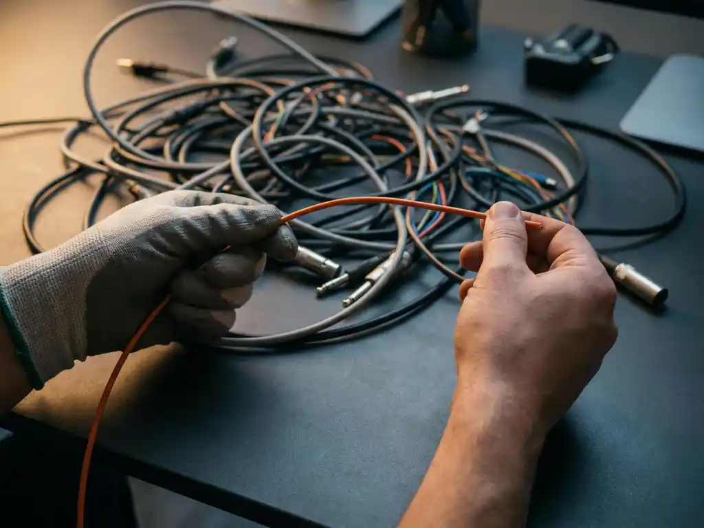 Engineer's hands separating a single clean wire from a tangled mass of cables and connectors on a modern workstation desk.