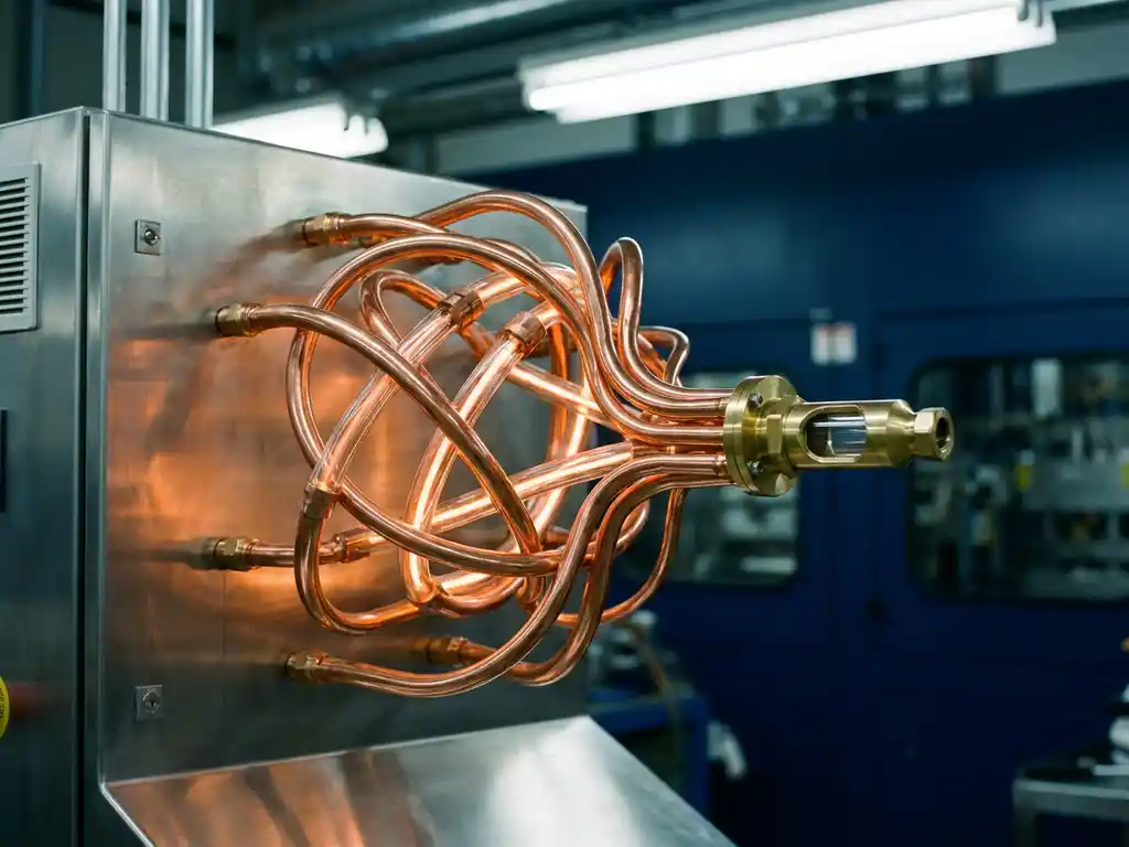 Glowing copper pipes merging into a single output valve on a brushed steel panel, symbolizing traceable data flow pathways.