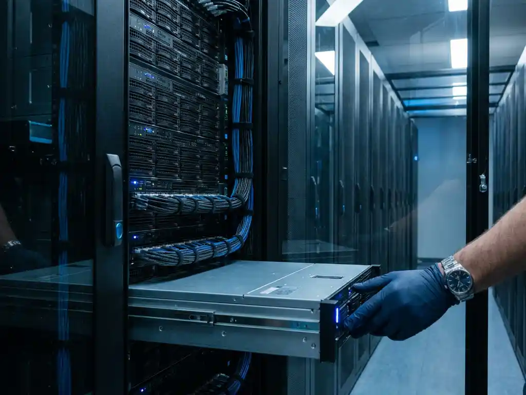 Engineer's hand on a server chassis in a modern data center, with organized cables and blue indicator lights across receding server racks.