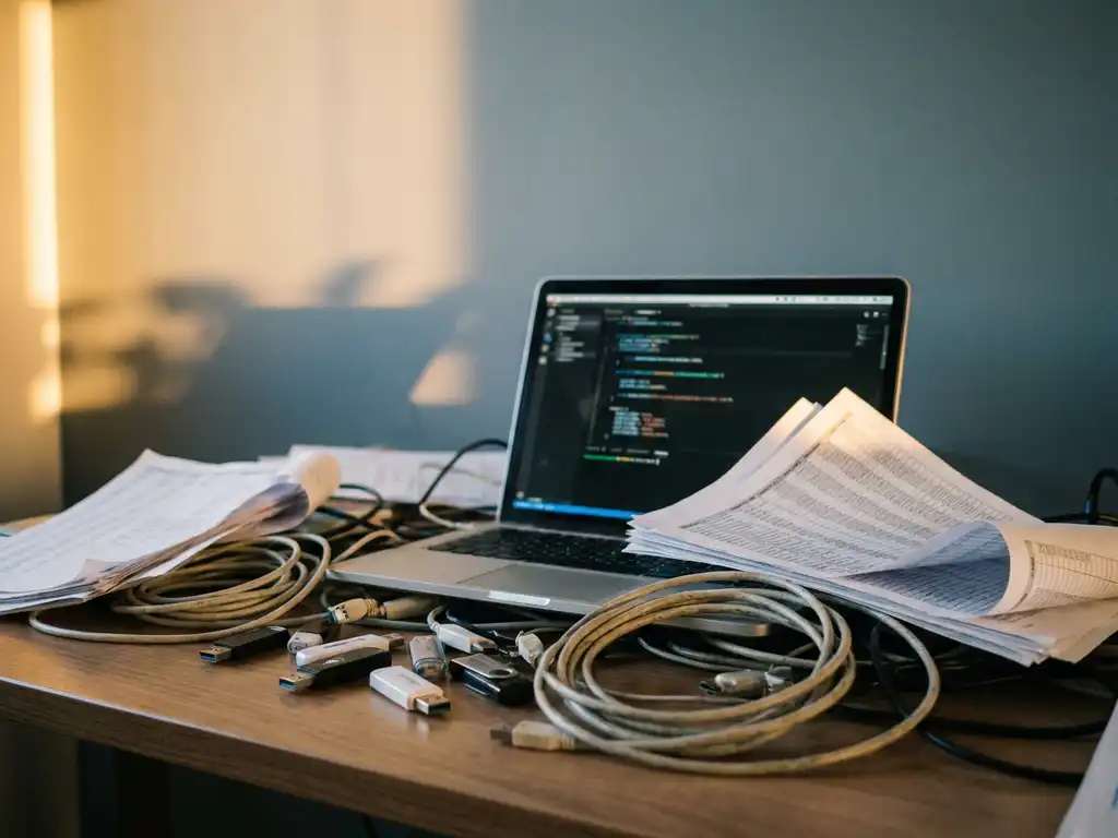 Data engineer's desk buried under tangled cables, USB drives, and printed spreadsheets with a sleek laptop open beneath the clutter.