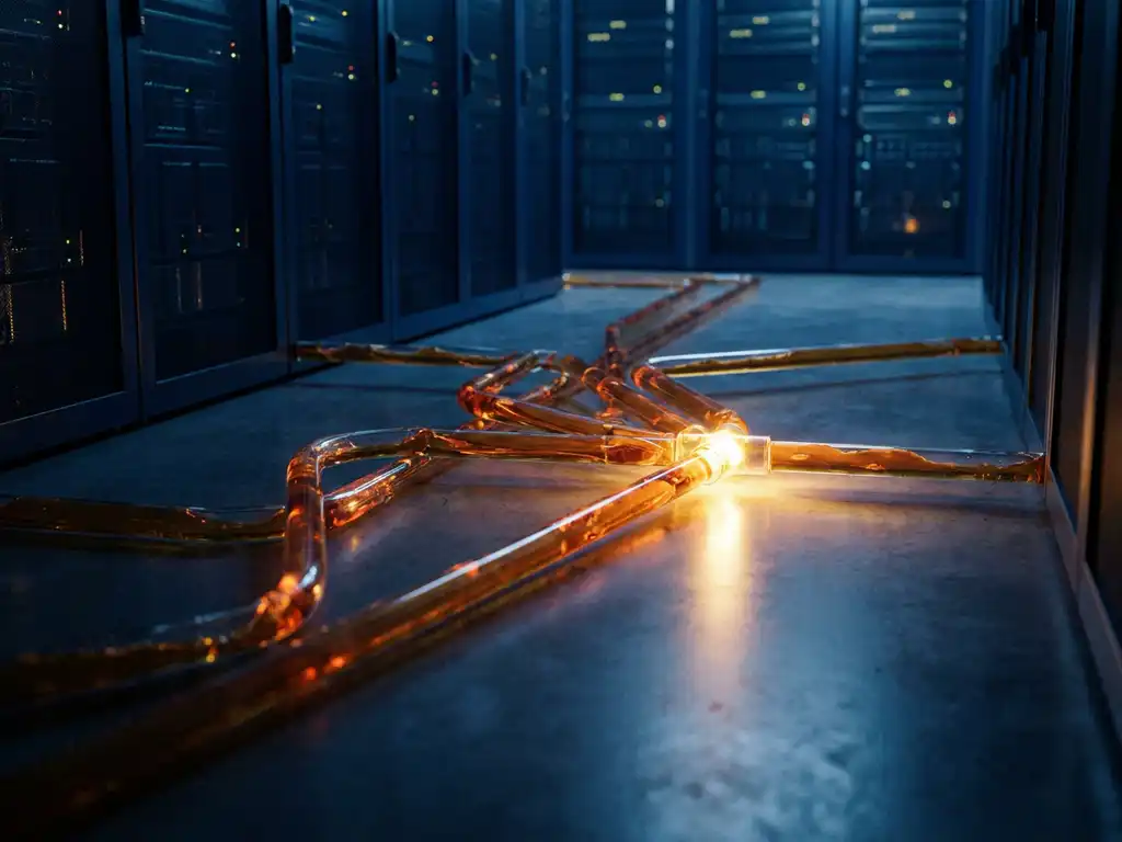 Glass pipes branching into a network on a server room floor, amber liquid flowing through tubes toward a glowing junction point.