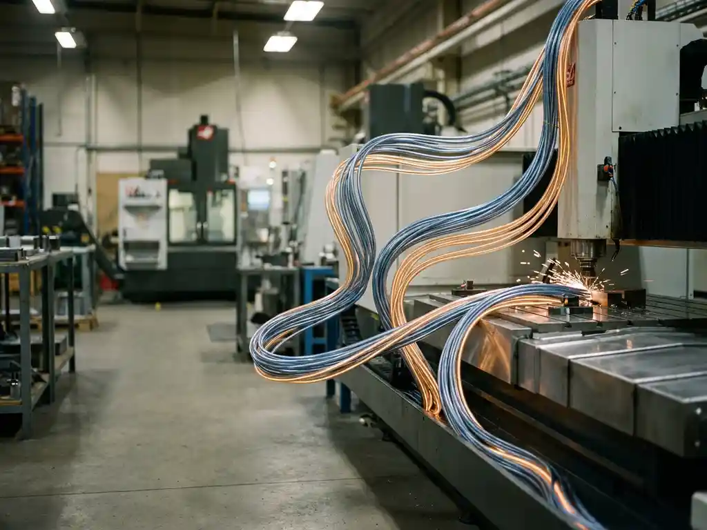 Luminous fiber-optic cables representing a data pipeline threading through a CNC machine on an active factory floor, steel-blue and amber tones.