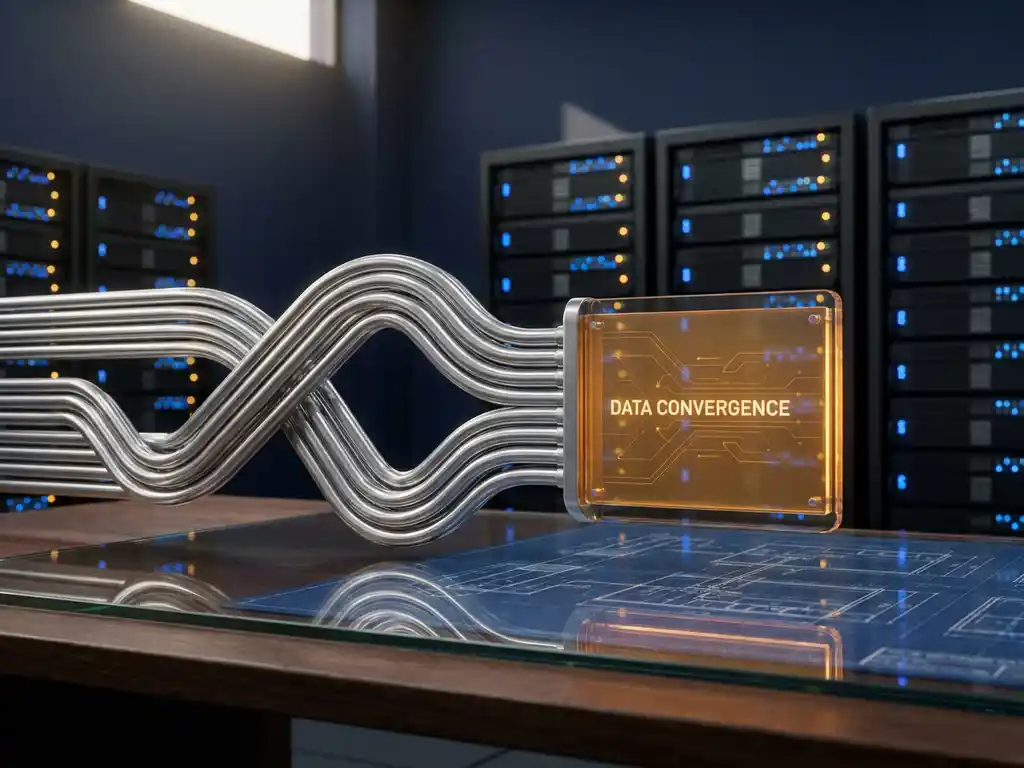 Polished steel data pipeline tubes converging into a glowing amber control panel on a modern desk, with server hardware stacked in the background.