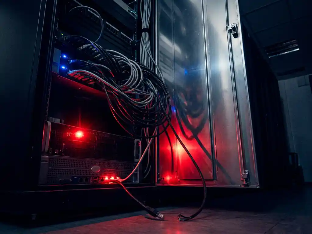 Disconnected server cable hanging from an open data center rack, red emergency indicator lights casting shadows across metal surfaces.