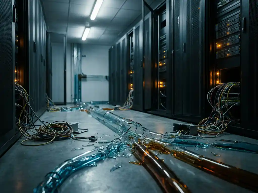 Fractured glass pipeline splitting into disconnected streams on a server room floor, tangled data cables at junction points with amber accent lighting.