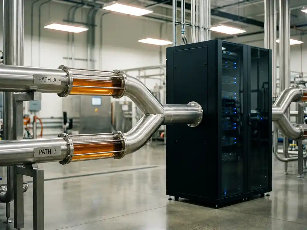 Stainless steel industrial pipes splitting into two pathways and merging into a server rack, with amber liquid flowing through transparent tubing.