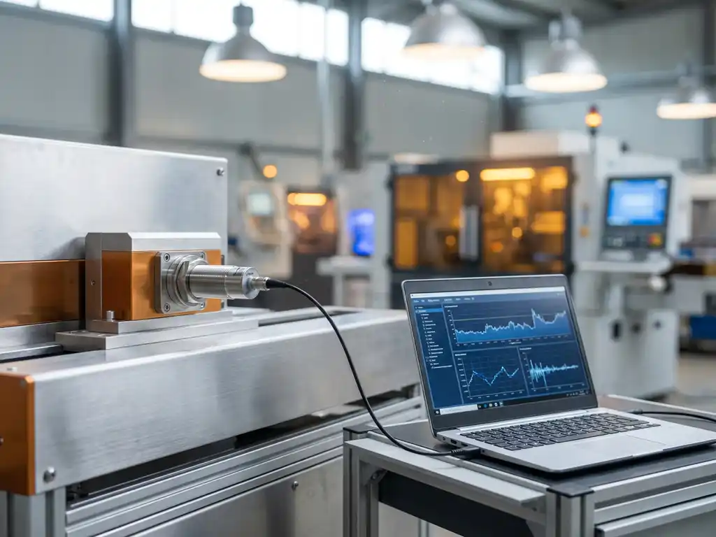 Precision industrial sensor connected via cable to a laptop displaying analytics dashboards on a high-tech factory floor.