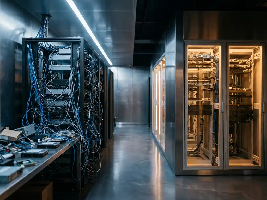 Modern data center aisle contrasting messy exposed server cables with an organized glass-enclosed rack under amber accent lighting.