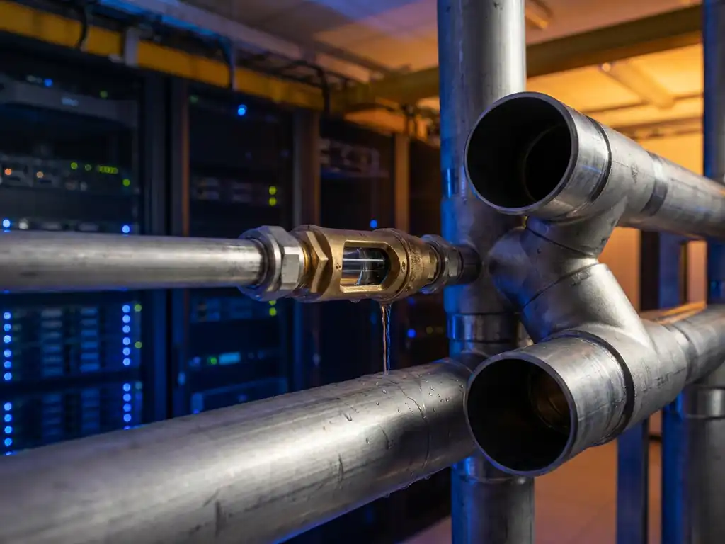 Constricted valve bottlenecking water flow where multiple wide pipes converge, with condensation on steel surfaces in a server room setting.