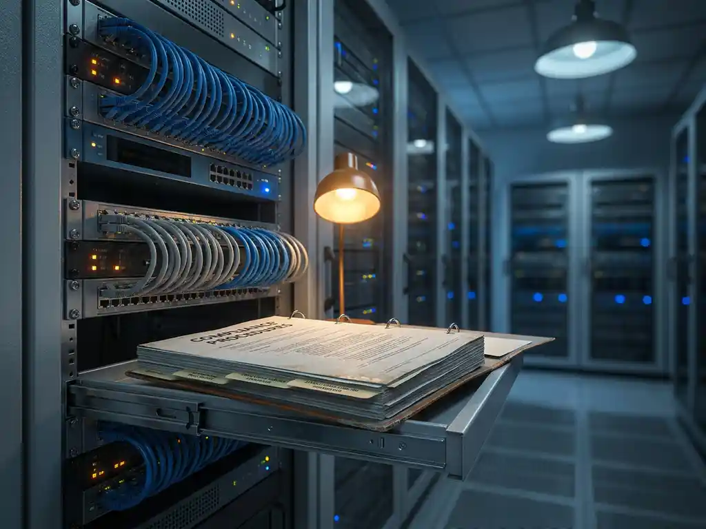 Server rack room with organized cables and blinking status lights, an open compliance binder resting against the rack in warm amber light.