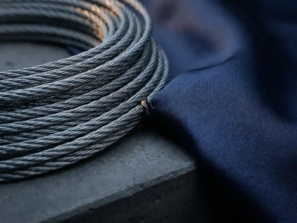 Steel cable mesh and draped satin fabric meeting at a single point on dark concrete, highlighting contrasting textures in slate gray and navy tones.