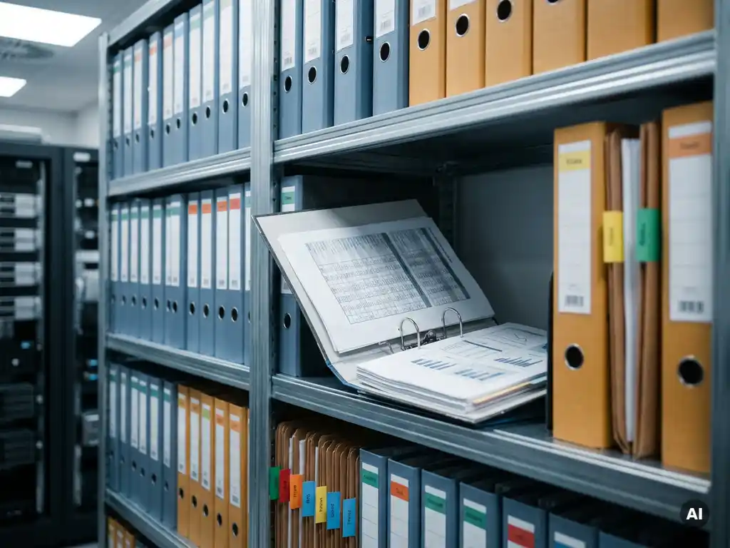Color-coded master data binders on a server rack shelf, one open binder displaying structured data tables in a professional IT environment.