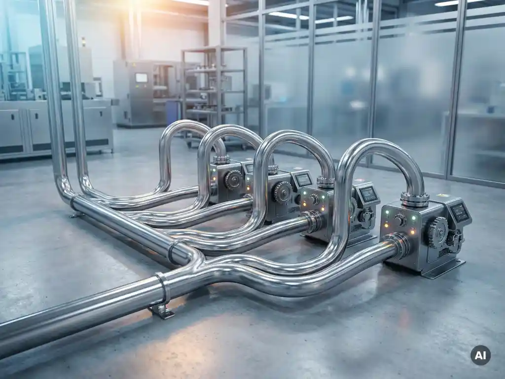 Chrome manifold data pipeline with branching tubes feeding industrial modules on concrete, steel blue and amber tones.