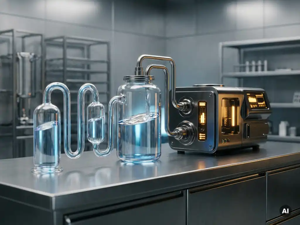 Glass containers filled with glowing amber liquid on a laboratory bench, connected by precision instruments, representing a structured data pipeline.