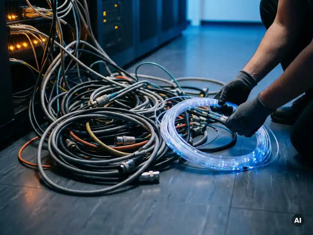 Tangled industrial cables on a server room floor being organized into a single fiber optic bundle glowing soft blue.