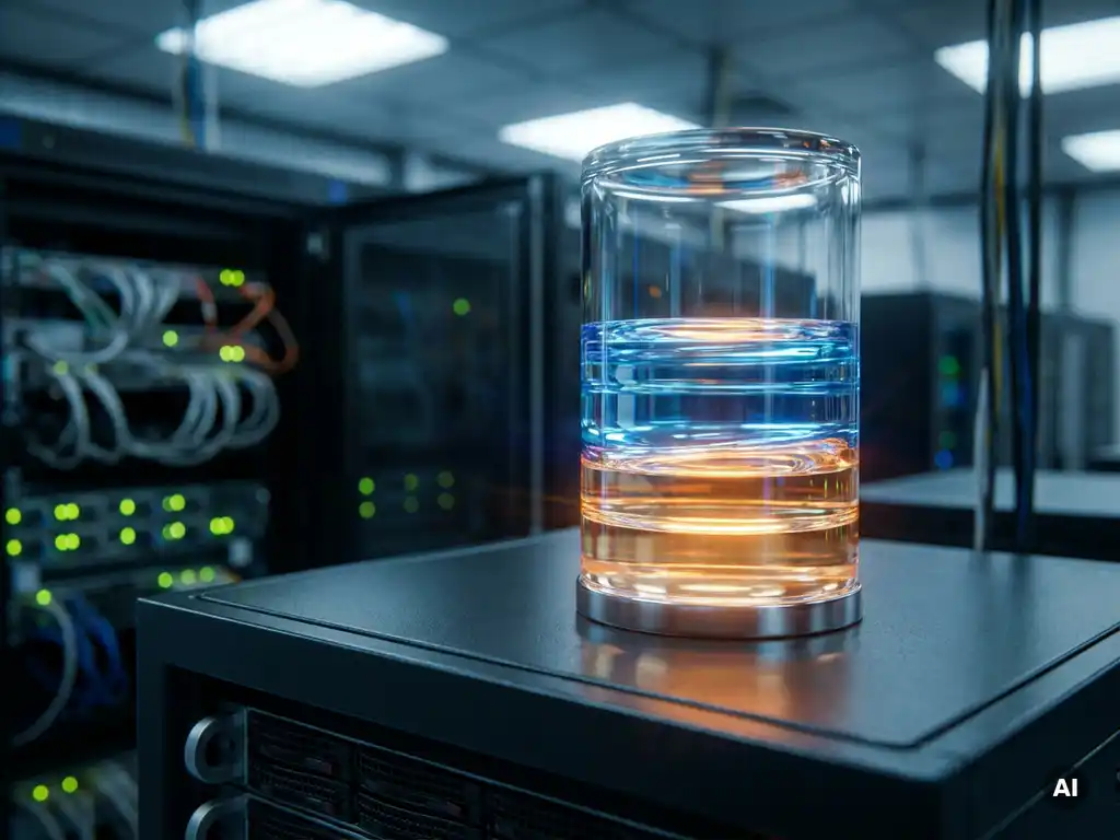 Glass cylinder containing layered luminous data streams in blue and amber tones, mounted on an enterprise server rack.