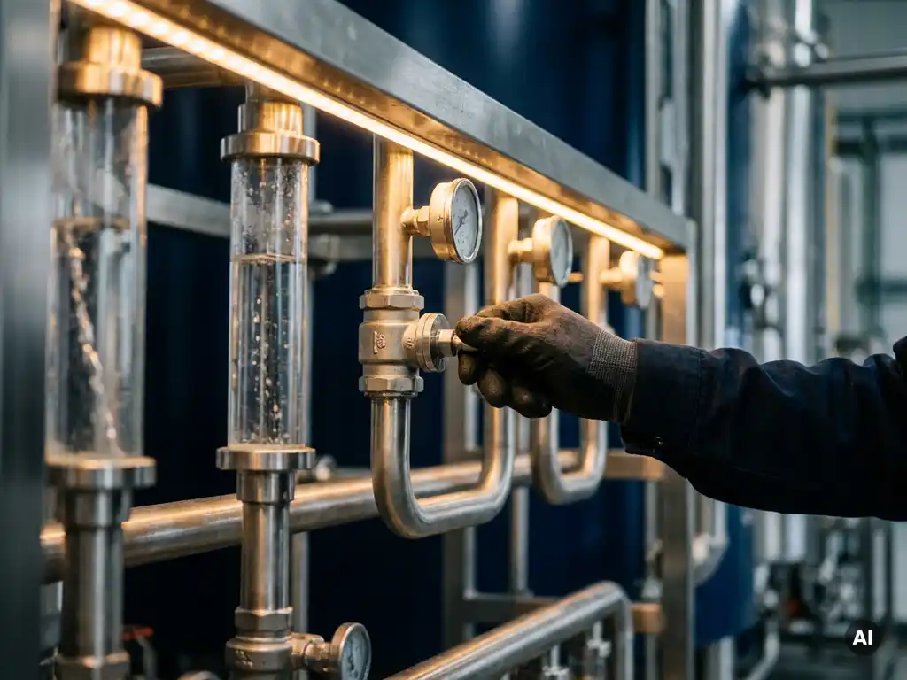 Gloved technician adjusting a steel pipe valve in a modern water treatment facility with visible water flow through glass sections.
